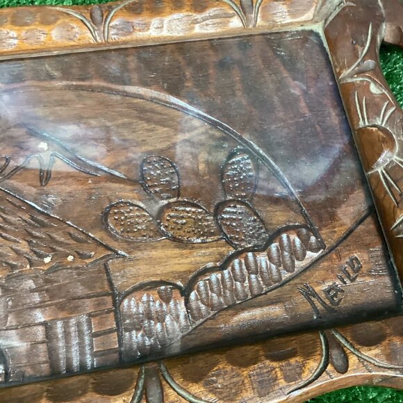 Vintage Mexican Hand Carved Wood Tray with Glass & Handles - Picture 4 of 12